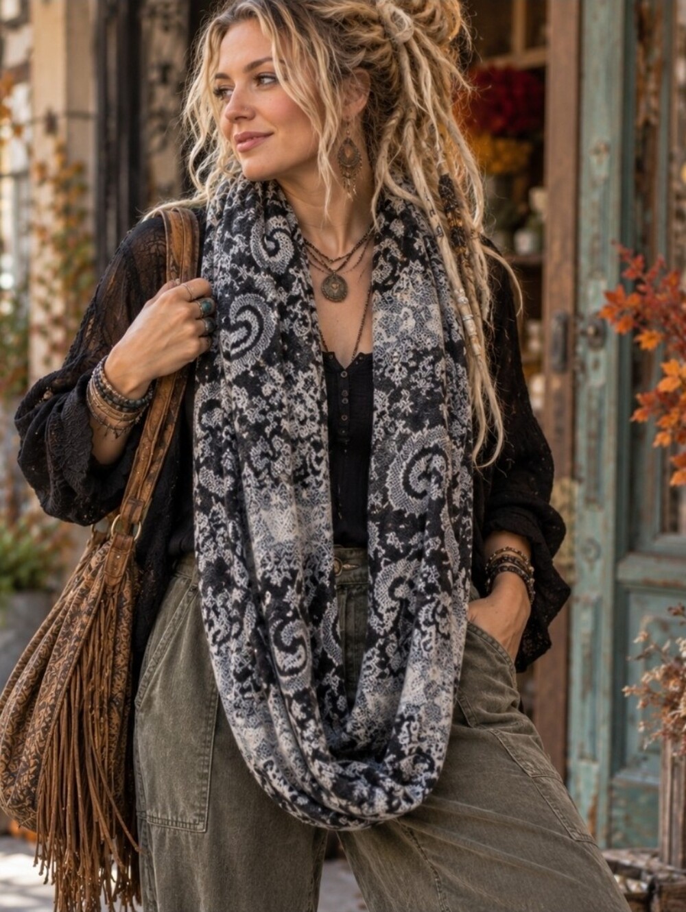 4/$15 Black Paisley Infinity Scarf | Boho Whimsigoth 70s Dark Academia Fringe
